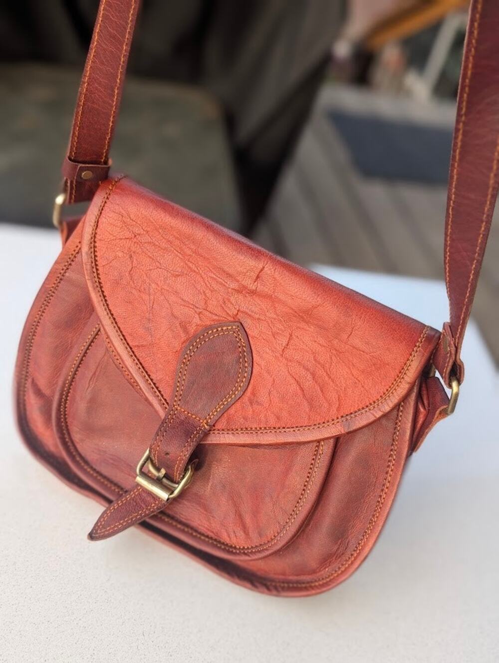 Firu Vintage Handmade Brown Leather Satchel Crossbody Shoulder Bag Rustic Purse